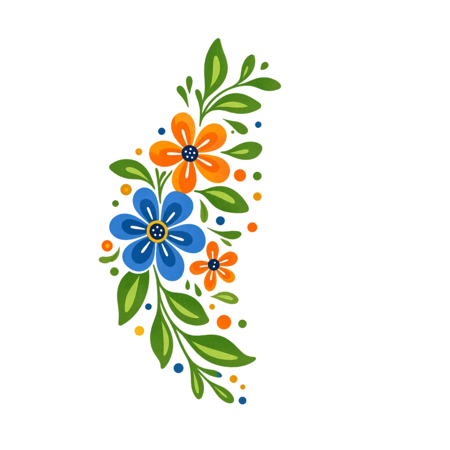 Borde floral colorido con flores azules y naranjas y hojas verdes; ilustración decorativa.